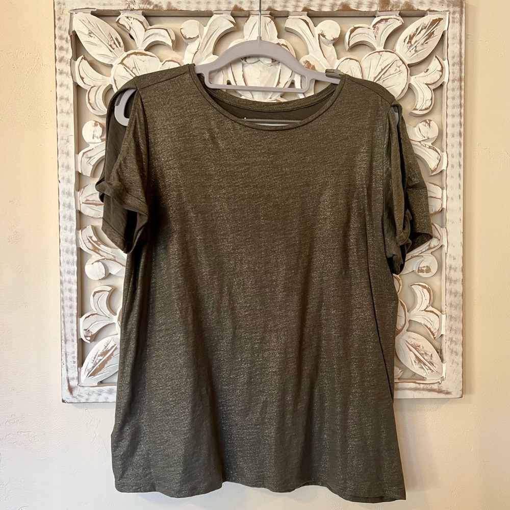 Loft Green Vintage Soft Tee with Gold Glitter and a Peek-a-Boo Sleeve (Medium)